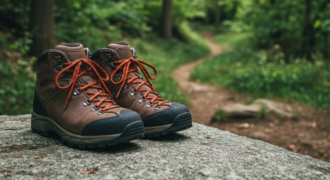 Hiking boots on a rock with a blurred path and green trees background.