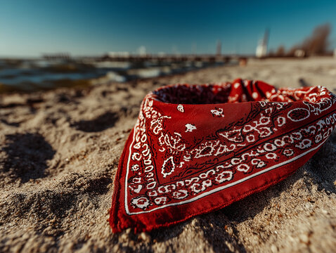 Czerwona bandana z białym wzorem leżąca na piasku plaży. W tle widać morze i niewyraźną linię brzegową. Symbolizuje wolność i letni odpoczynek.