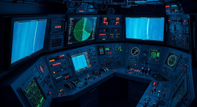 Sophisticated Navigational Control Panel Displaying Real-Time Sensor Data in a Darkened Bridge