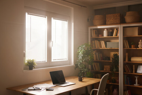 A bright home office showcases a wooden desk with a laptop and coffee cup, while natural light filters through blinds illuminating a nearby bookshelf and plants.