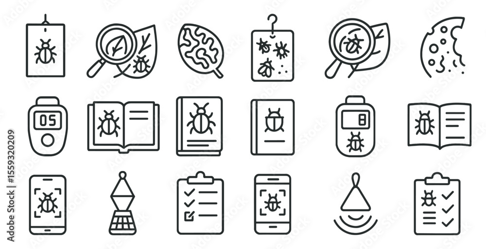 Aufkleber set of icons for various items related to bugs and insects. the icons include a magnifying glass, a 
