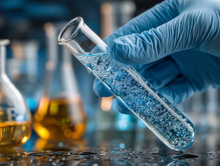 Dłoń w niebieskiej rękawiczce laboratoryjnej trzyma probówkę z bulgoczącym, przezroczystym płynem. W tle widać kolby, sugerując badania chemiczne.