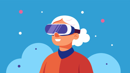 A virtual reality headset used by an elderly person to participate in social activities and interact with others reducing feelings of loneliness and promoting mental wellbeing.. Vector illustration