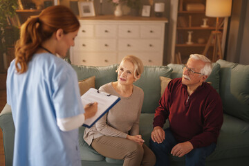 In a brightly lit living room, a home nurse with clipboard discusses a care plan with an elderly...