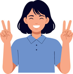 Young woman showing peace sign with both hands smiling in blue polo shirt cheerful and positive vector illustration