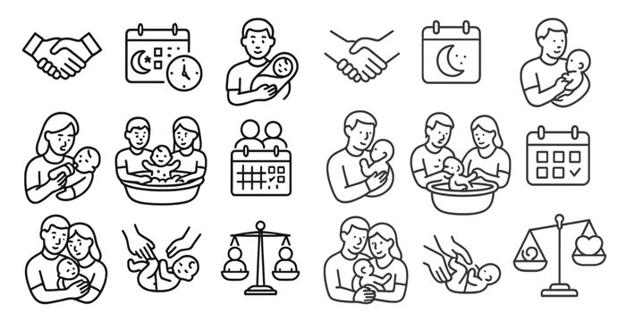 Icons illustrating parental leave concepts, including babies, calendars, and scales.