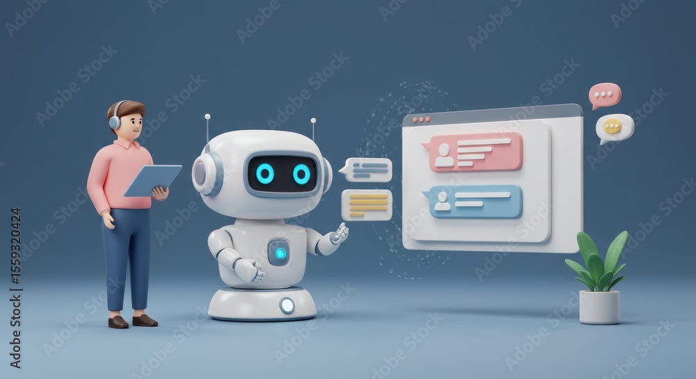 Wall mural cartoon man with tablet and robot interacting with a website interface.