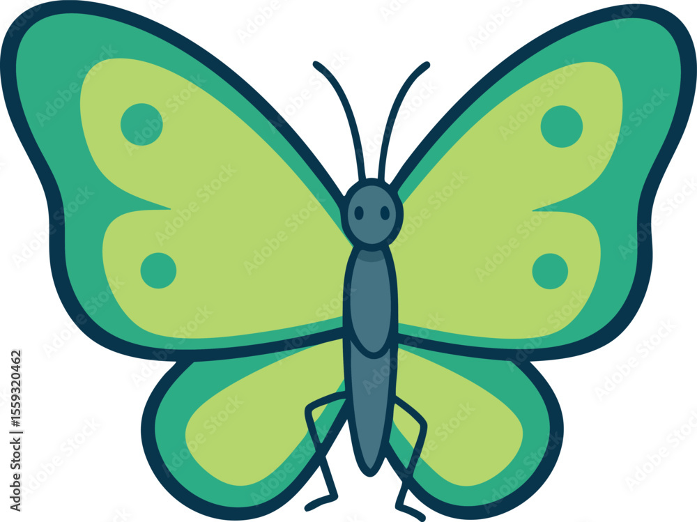 Poster green butterfly vector with dark outlines and symmetrical wing pattern in bright colors for nature d