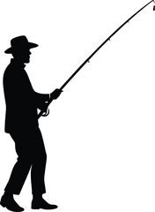 Silhouette of a Fisherman in a Hat Holding a Fishing Rod Ready to Cast.Fisherman Silhouette with Rod, Angler in Hat Ready to Cast Vector Art