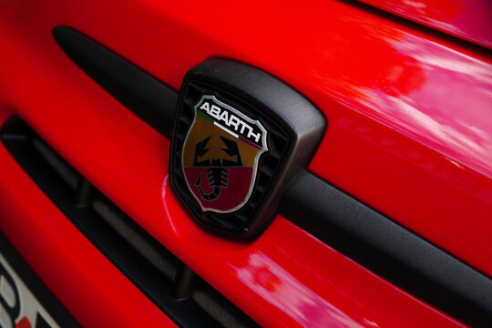 Bucharest, Romania &ndash; June 26, 2025: Abarth logo on hood of Fiat Abarth red car