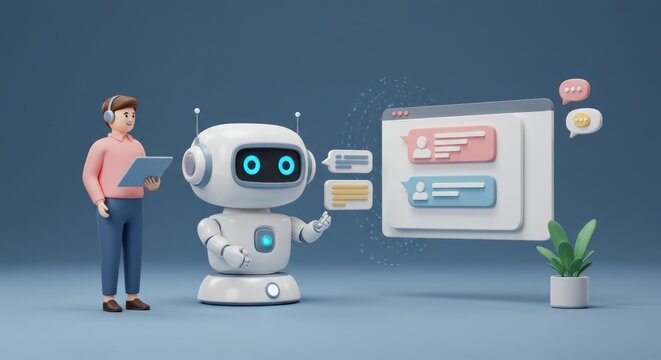 Cartoon man with tablet and robot interacting with a website interface.