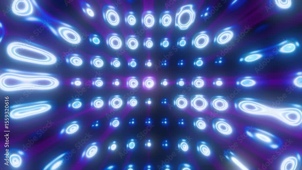 Poster vibrant array of glowing blue and purple neon rings extending in a digital grid with surreal light d