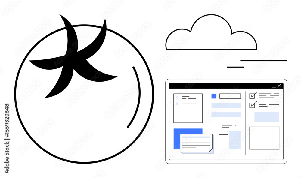 Poster cloud above graphic interface with organized tasks and comments, representing teamwork, productivity