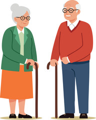 Fototapeta premium Elderly couple standing together with walking canes wearing casual clothes vector illustration