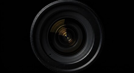 Camera lens close-up with reflections on glass elements against a dark background.