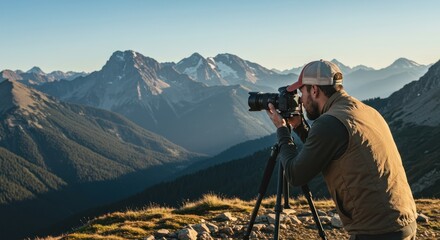Man photographs mountain range using a camera on a tripod outdoors.