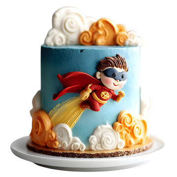 A blue birthday cake with a fondant superhero flying on top, isolated on a white background