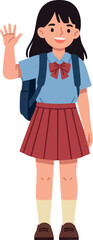 Schoolgirl waving hand in uniform with backpack smiling cheerful vector illustration of young student in red skirt and blue shirt