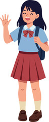 Schoolgirl waving hand with backpack wearing blue shirt and red skirt vector illustration of happy student