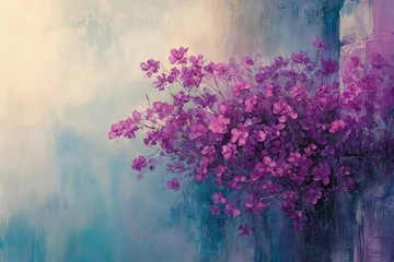 Printed roller blinds A beautiful oil painting featuring vibrant purple flowers cascading against a serene blue and white backdrop, creating a soothing and artistic scene.