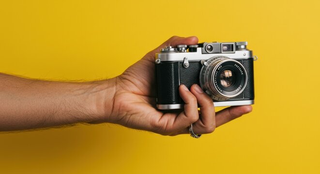 Hand holding a vintage camera against a yellow background. - Powered by Adobe