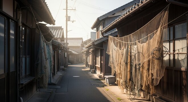 Golden Hour Fishing Nets Drying in Alleyway