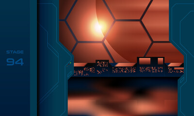 High-tech space station interior with futuristic control panel and hexagonal window view of deep space. Sci-fi themed corridor with glowing digital interface in a space base.