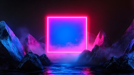 Neon Square Portal, Mountainscape, Night, Futuristic, Background
