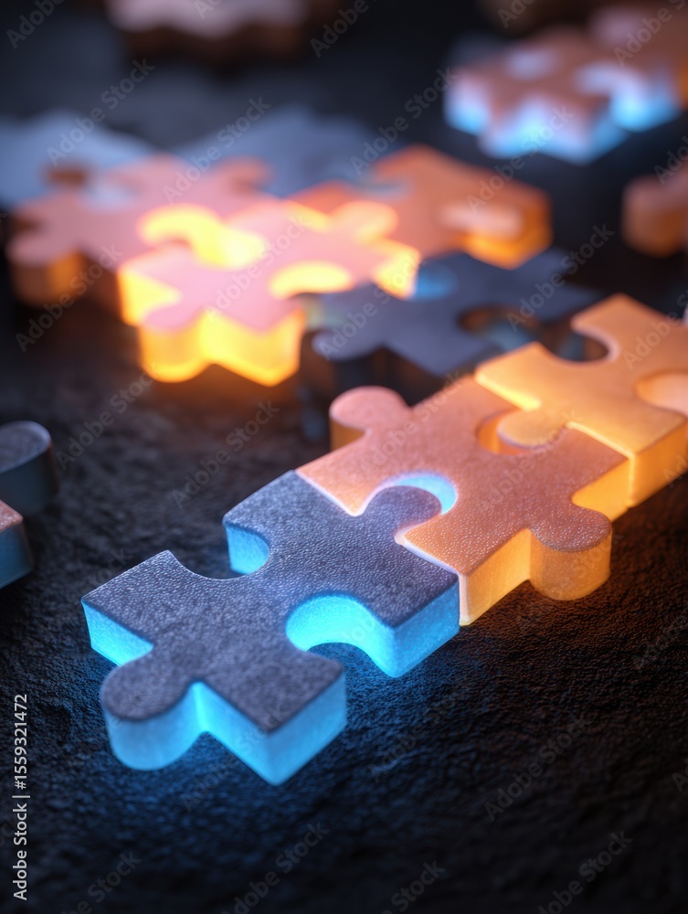 Poster soft puzzle pieces connect in a glowing concept of autism support fostering understanding and inclus
