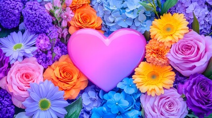 Pink heart amidst vibrant floral arrangement