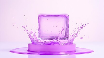 Purple liquid splashing cube studio shot