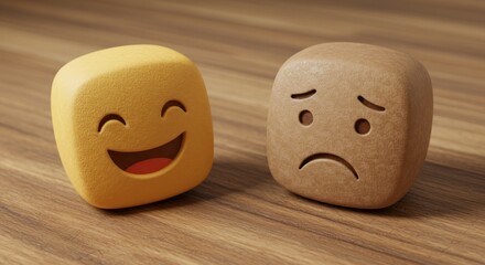 Fototapeta premium Two square emoji blocks one happy yellow one sad brown on wood.