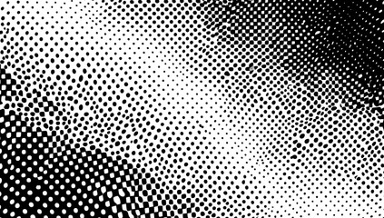 Abstract black and white halftone pattern with ink-like texture.