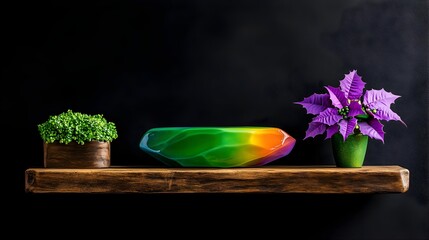 Rainbow resin bowl shelf decor, plants, dark wall