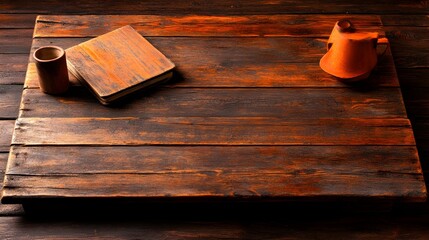 Rustic wooden table, book, mug, journal, dark background, product display