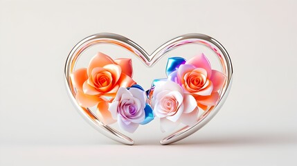 Silver heart frame with pastel roses, studio backdrop, Valentine's Day card