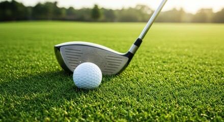 Golf ball and golf club on green grass field in sunlight.