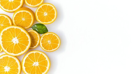 Sliced oranges, leaves, white background, food blog, recipe