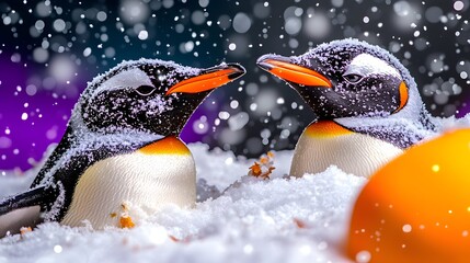Snowy penguins cuddling, winter scene, holiday card