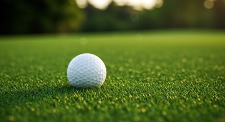 Golf ball sits on green grass field with blurred trees in background.
