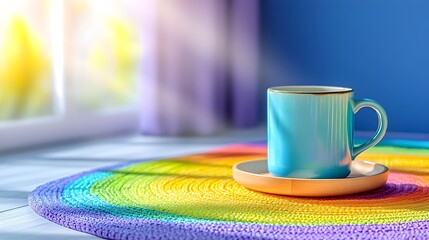 Sunny morning coffee on rainbow mat, window background