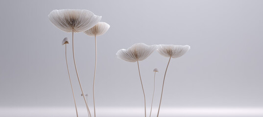 Elegant abstract mushroom-like forms with fine gill details on long thin stems, set against a soft neutral background.