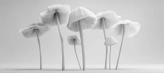 Elegant abstract mushroom-like forms with fine gill details on long thin stems, set against a soft neutral background.