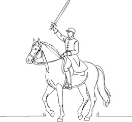 Fototapeta premium Mounted soldier raising sword in battle pose vector line art drawing illustration