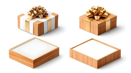 Wooden gift boxes with gold bows, open & closed, white background, packaging design