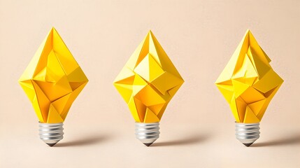 Yellow origami lightbulbs, beige background, idea concept