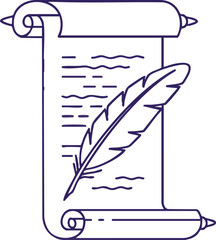 Vintage scroll with feather quill pen writing classic manuscript vector line art design illustration