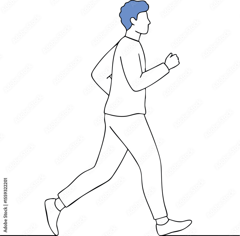 Poster man running with blue hair in minimalistic vector style showing active lifestyle and fitness motivat