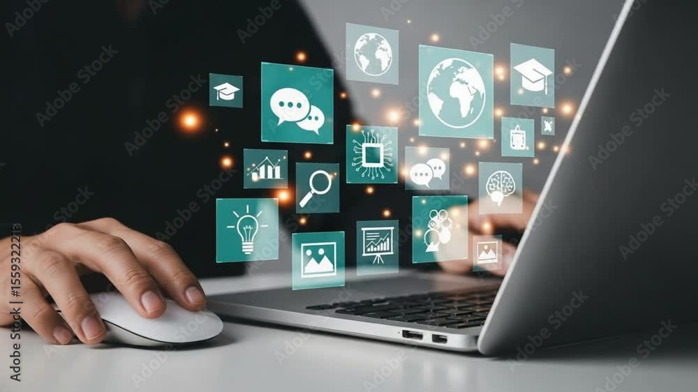 Aufkleber person using laptop with floating icons representing education and communication concepts online