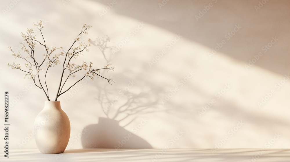 Aufkleber elegant vase with delicate branches casting shadows in soft light on a neutral background